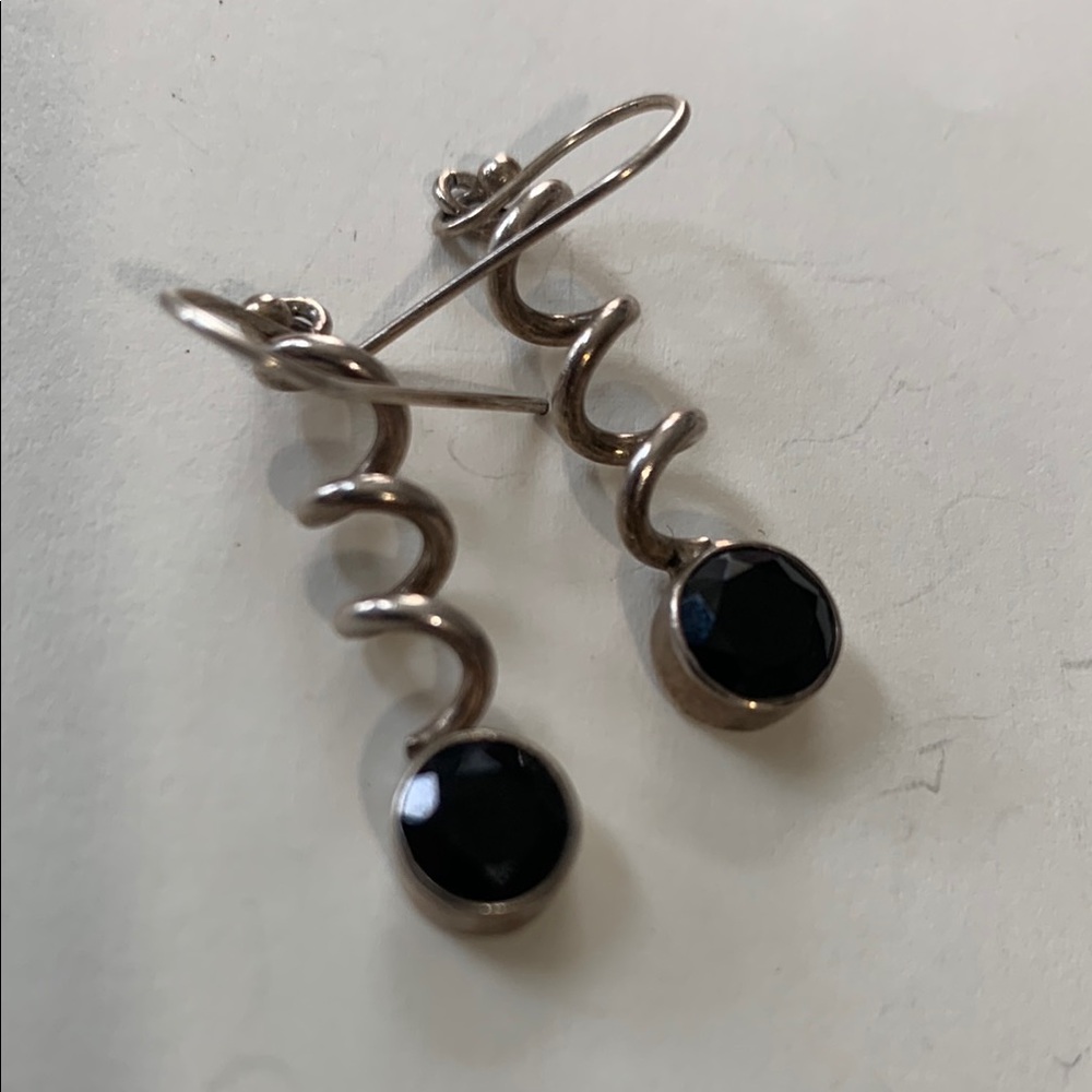 Artisan Thai Black Spinel Sterling Silver Corkscrew Spiral Dangle Earrings
